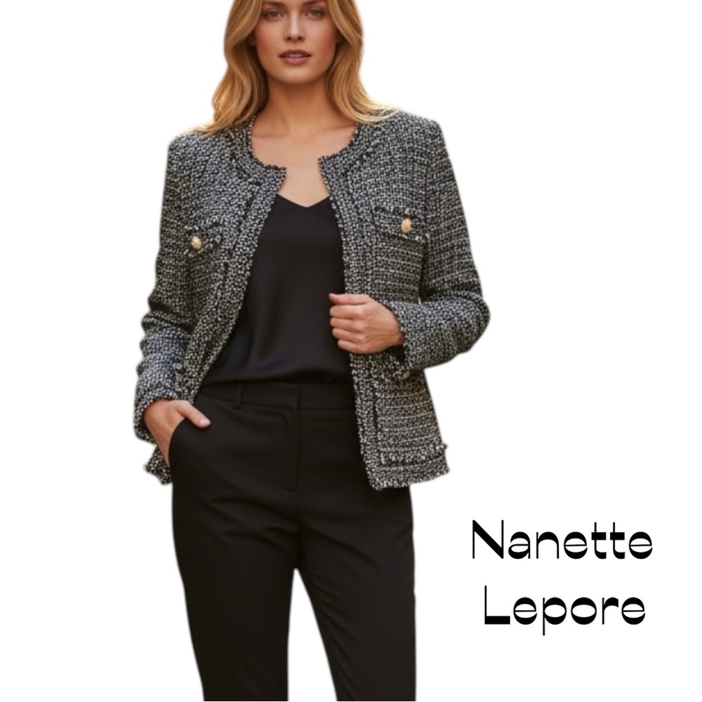 Nanette Lepore Black White Woven Long Sleeve Old Money Jacket Size 10